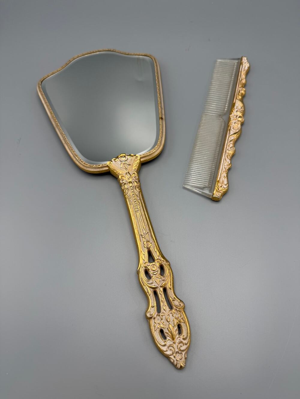 Gold Tone Vanity Hand Mirror & Comb Set Floral Ornate Dresser Set
